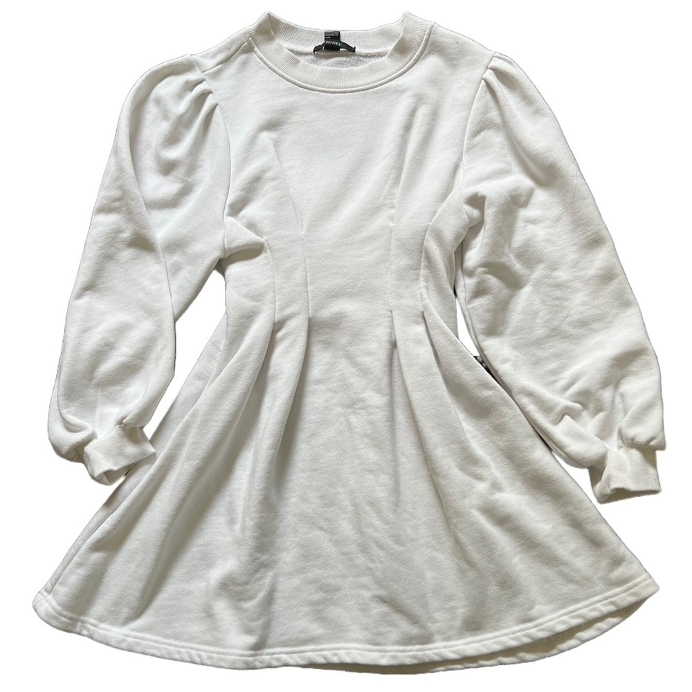 NWOT FOREVER 21 WHITE MINI DRESS WITH CINCHED WAISTED AND BALLOON SLEEVES SIZE S